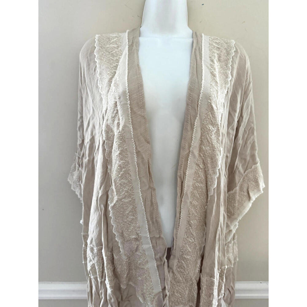 Krazy Kat Kimono Women's One Size Beige 3/4 Sleeve Fringe Topper Casual Wrap
